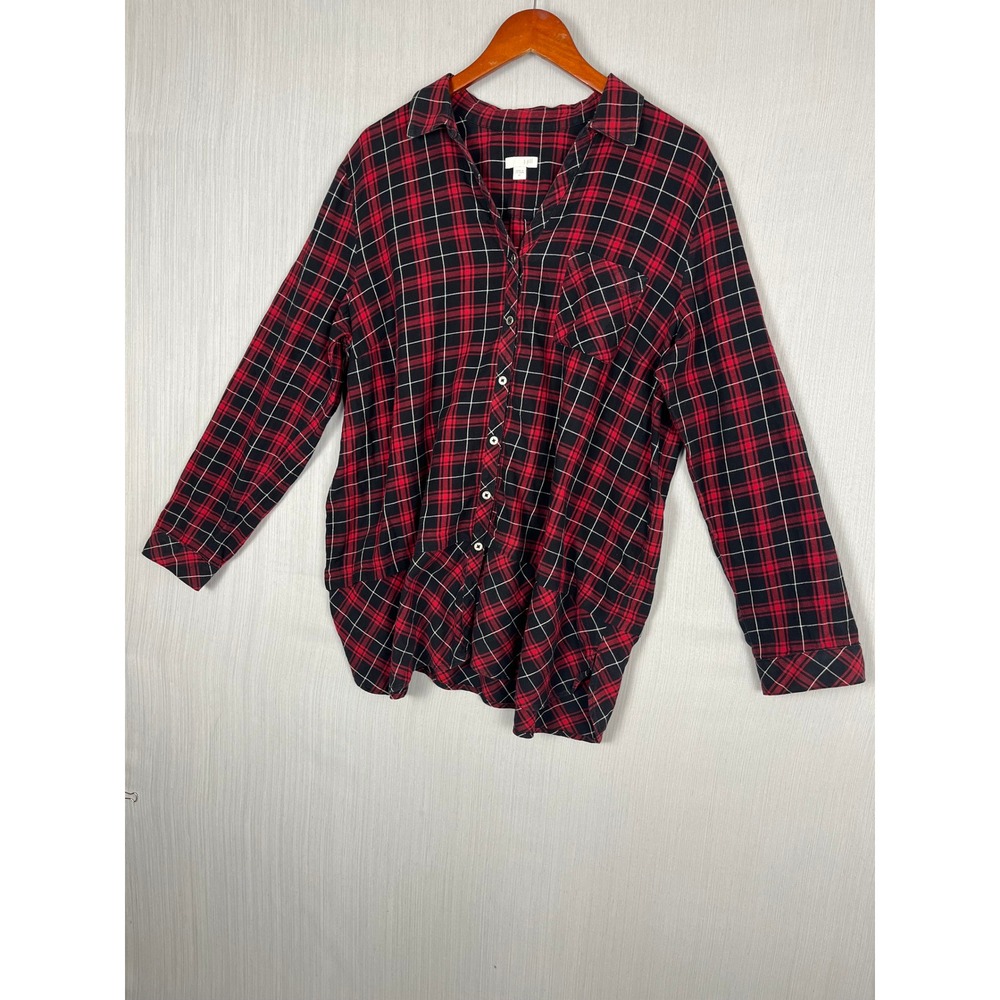 J. Jill Plaid Flannel Womens L Red‎ Black Plaid Button Down Metal Buttons Tiered